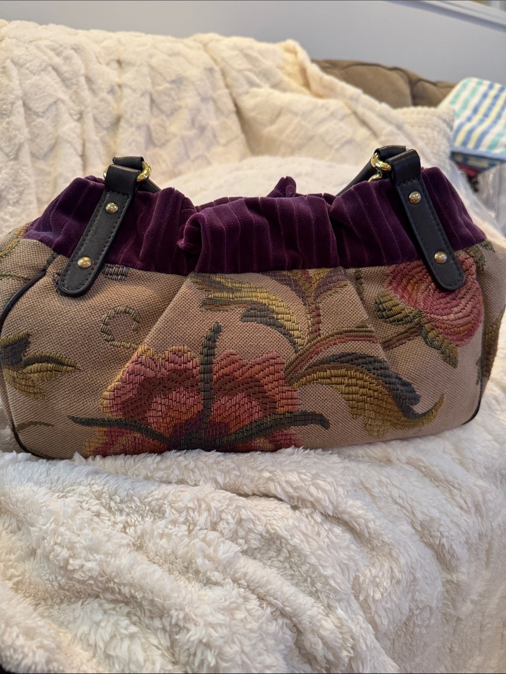 Etro Beige Floral Tapestry Shoulder Bag with Plum Velvet Trim